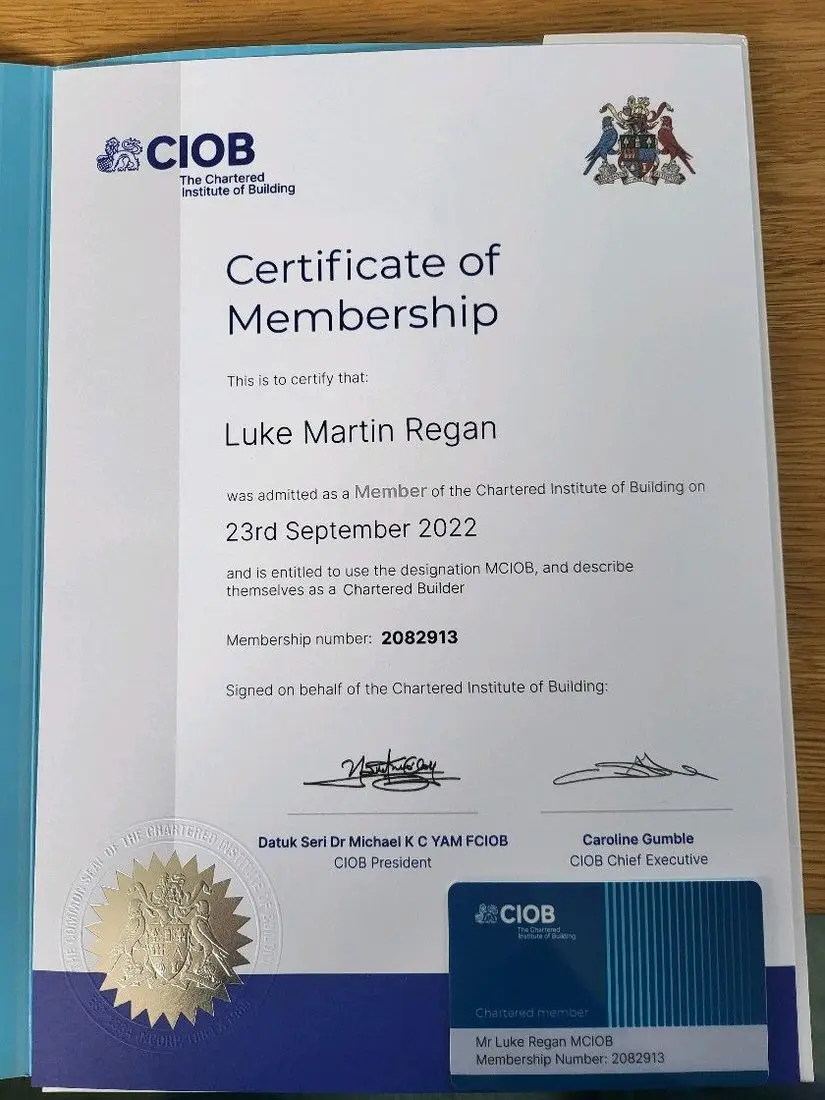 CIOB Certificate of Membership — Luke Martin Regan MCIOB, No. 2082913