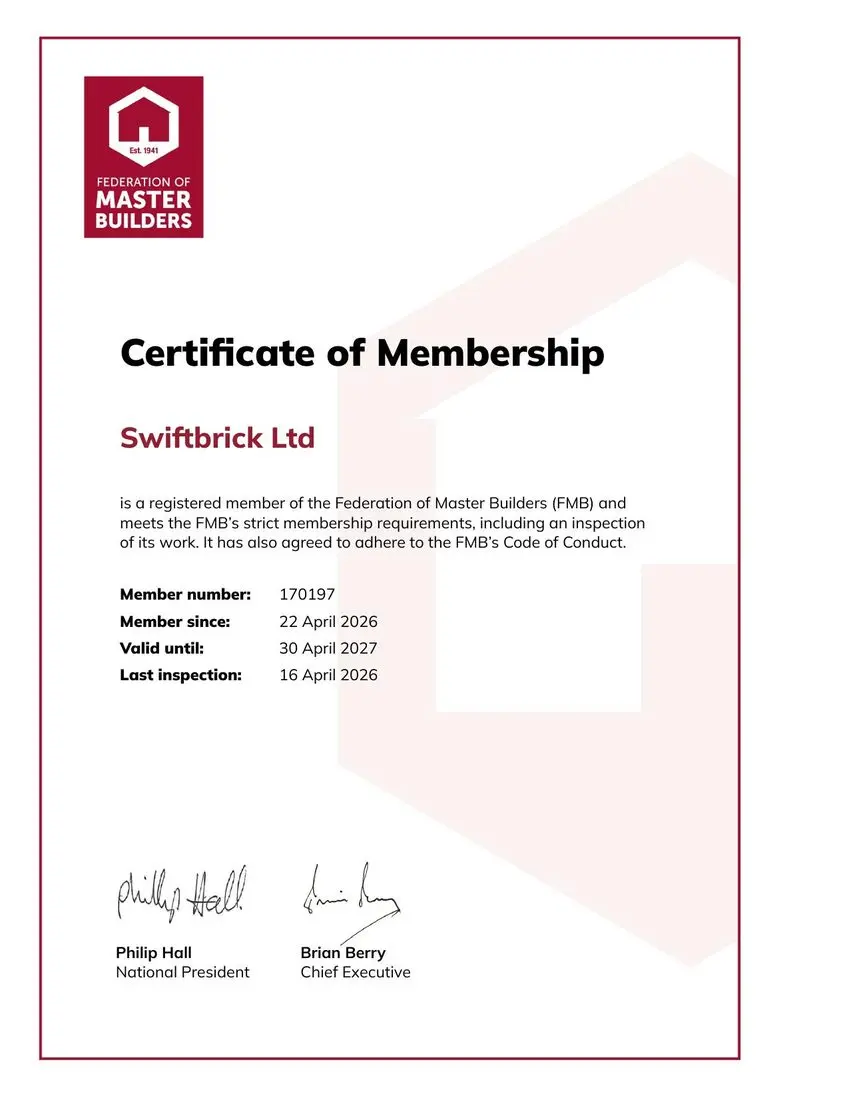 Federation of Master Builders Certificate of Membership — Swiftbrick Ltd, No. 170197, last inspected 16 April 2026