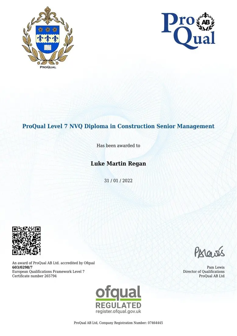 ProQual Level 7 NVQ Diploma in Construction Senior Management — Luke Martin Regan