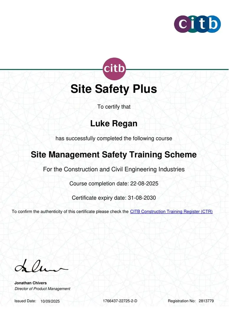 CITB Site Management Safety Training Scheme (SMSTS) — Luke Regan, valid to 2030