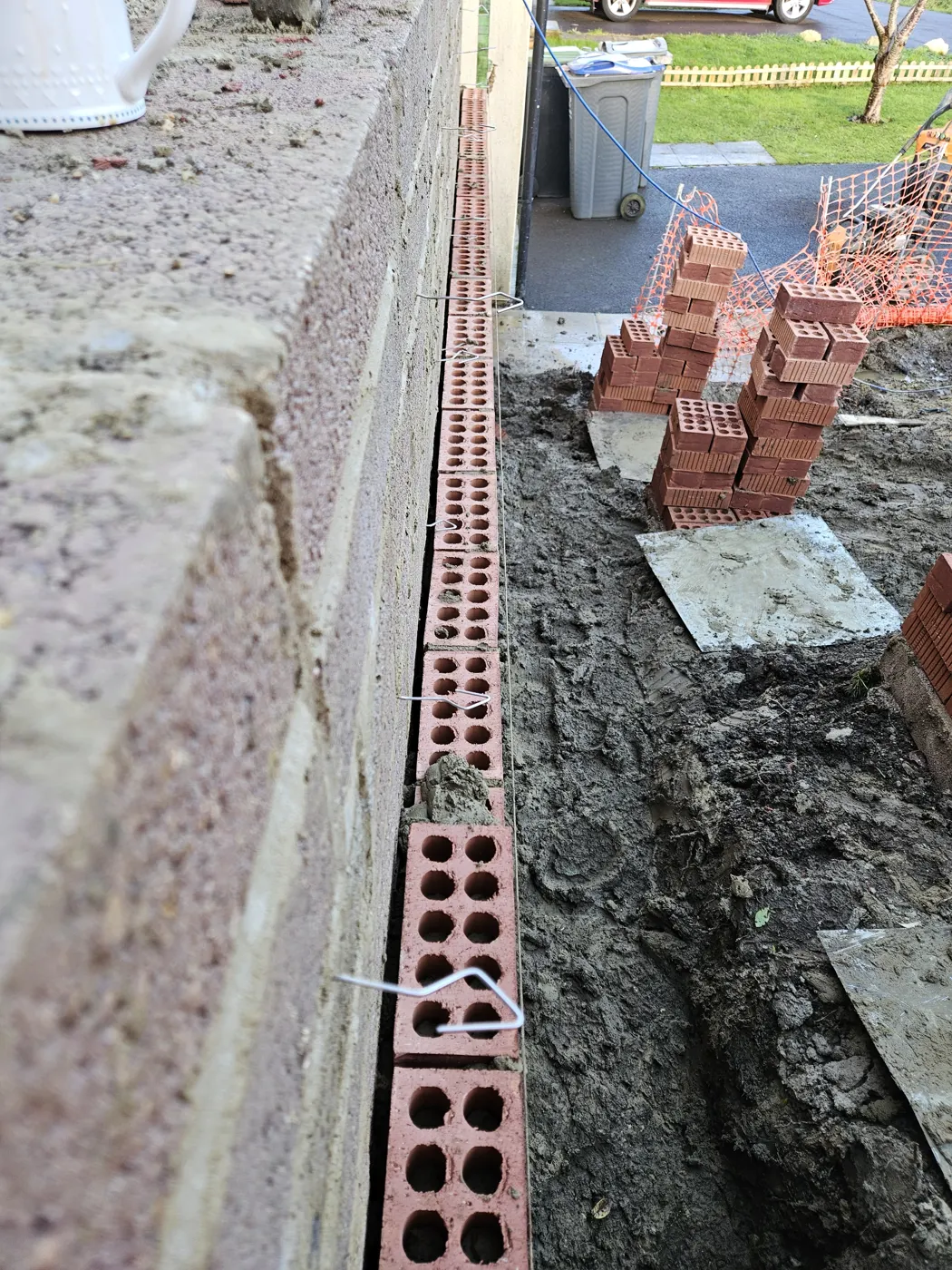 Detail of the blockwork and facing brick of the new boundary wall