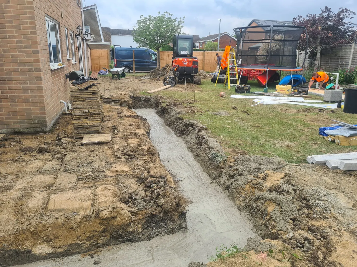 Concrete foundations poured in the trenches with the garden behind